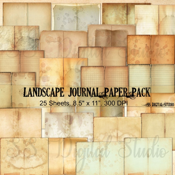 Landscape, plain, coffee stained junk writing Journal Paper, digital download, junk journal,printable, paper pack, double sided journal