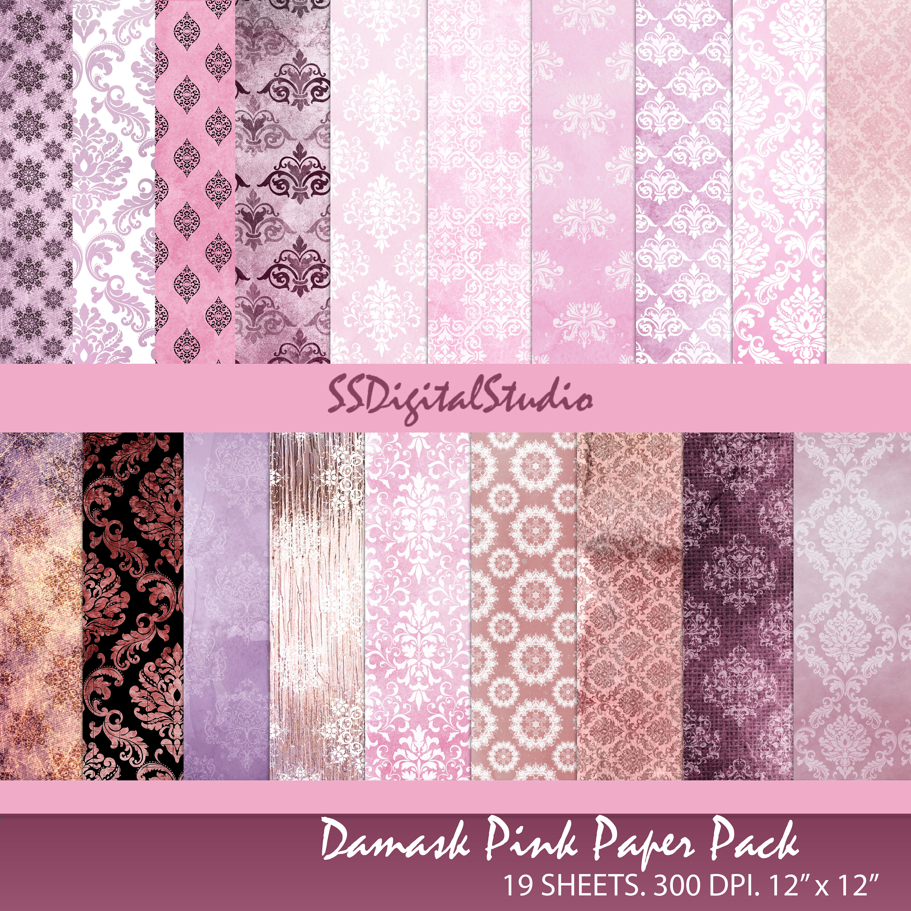 Vintage Pink Damask Digital Paper Pack: Grunge Scrapbook Backgrounds (Digital Download)
