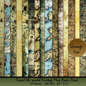 Grunge, pack de papier numérique vintage Map, fabrication de cartes, back ground, scrapbook, imprimable, artisanat, journaux indésirables, téléchargement, utilisation commerciale.