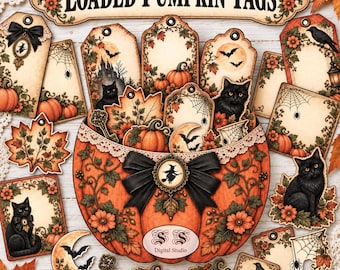 Vintage Halloween Pumpkin Tags, Junk Journal Ephemera (5 PDF Pages)