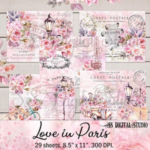 Liefde in Parijs - Valentine Romantisch Journal Kit, Vintage Ephemera, Digitale Download