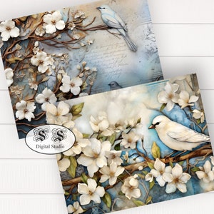 White Flowers Journal Pages: Birds & Butterflies Scrapbook Paper (PDF)