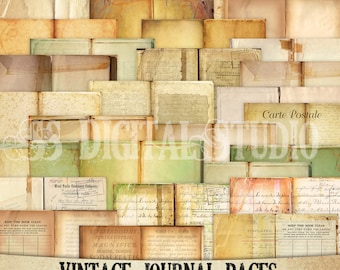 May include: A digital collage of 30 vintage journal pages, each with a unique design and texture. The pages are in shades of brown, beige, and green, with handwritten text and illustrations. The pages are 8.5 inches by 11 inches and 300 DPI.