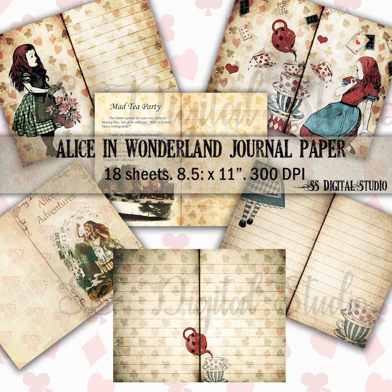 paper pack printable junk journal writing 18 sheets double sided journal page,scrapbook book Alice in wonderland,Landscape page,Paper