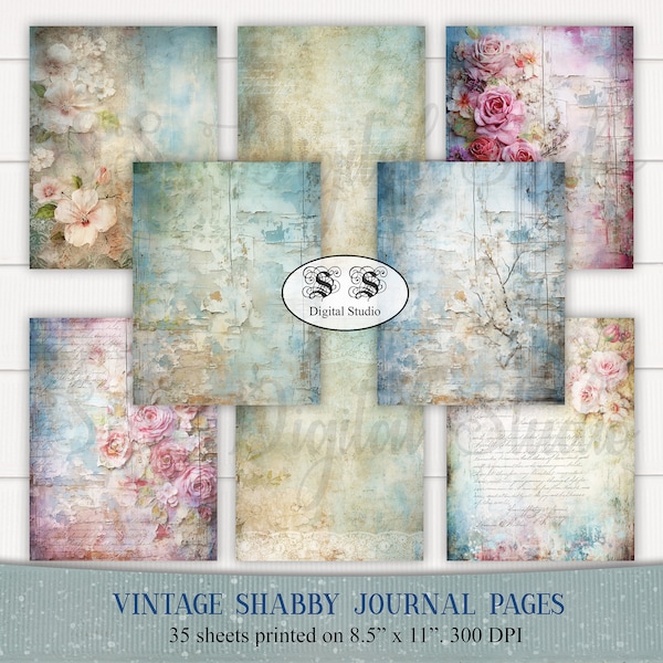 35 sheets of Vintage Shabby Chic digital scrapbook paper pack. Grunge shabby Floral. digital. printable