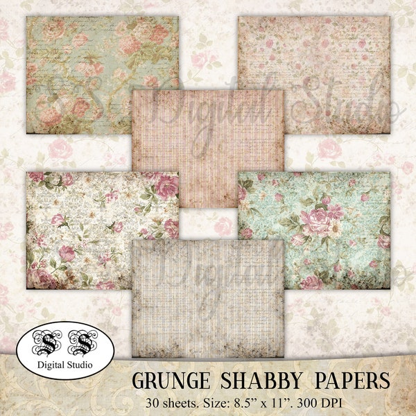 30 feuilles de papier de scrapbooking numérique vintage Shabby Chic. Grunge floral minable. numérique. imprimable