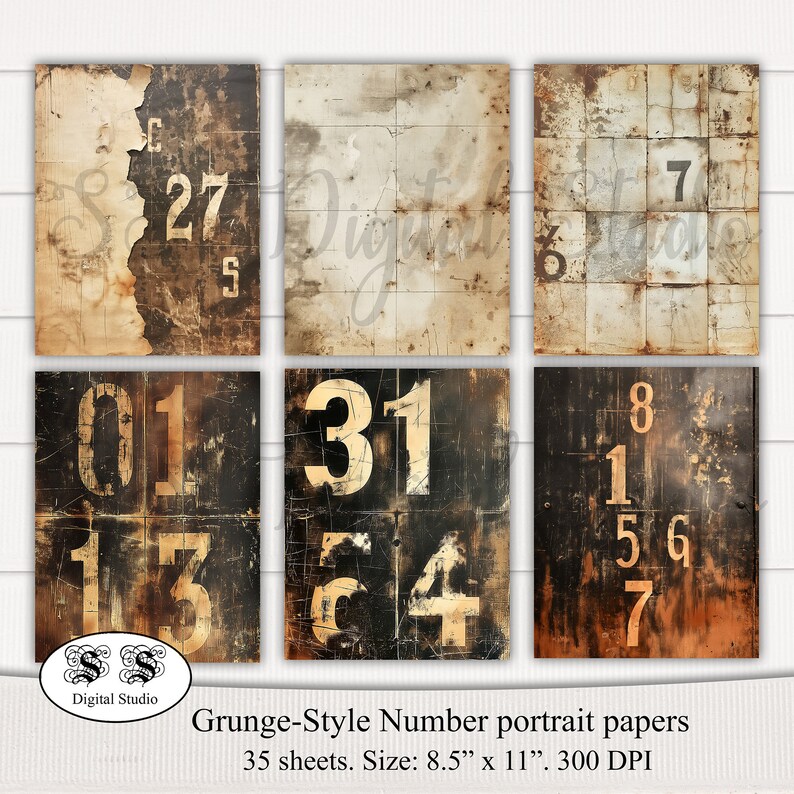 Paper Style Number Grunge-style Number Portrait Printable Papers for Scrapbooking and Junk ...