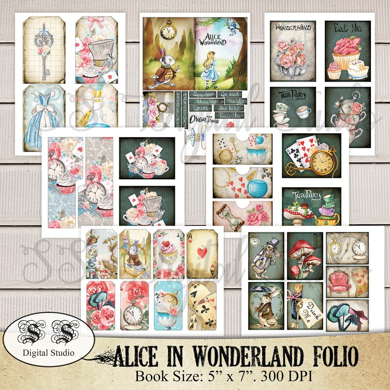 Alice i Underlandet journalinsats, Folio, Tea Party, mapp, Skräpjournal, Ephemera, Utskrivbar, Utsmyckning, bild 9