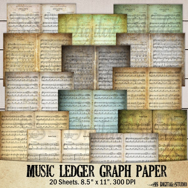 Old Sheet Music, ledger, graph Printable paper, junk journal, digital paper, ephemera, scrapbooking, grunge, coffee stain, vintage