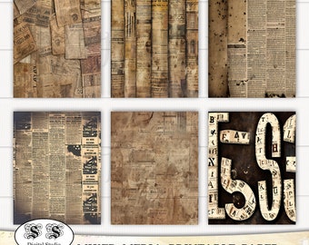 May include: A set of six digital paper sheets featuring vintage newspaper textures in shades of brown and beige. The papers have a distressed look with visible text and images. The papers are 8.5 inches by 11 inches and 300 DPI.
