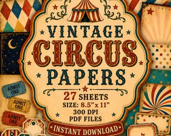 Digitale Papiere im Vintage-Zirkus-Stil, 27 druckbare Scrapbook-Blätter, PDF im Letter-Format