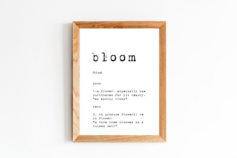 May include: A framed print with the word "bloom" in large, bold letters. The print defines the word "bloom" as a noun and a verb, with examples of each.