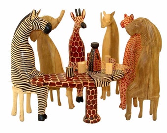 Safari Party Animals Hand-carved Mahogany Sculpture Set from Kenya Giraffe Zebra Rhino Elephant Lion Cheetah Handpainted