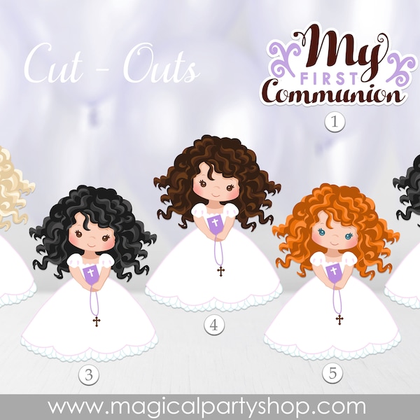 First Communion Girls | Communion Centerpieces |  Bible, Rosary, Veil | My First Communion Party | White Dress, Purple, Curly Hair
