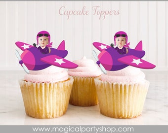 Airplane Birthday Cupcake Toppers | Photo Cupcake Toppers | Girl Aviator | Airplane Birthday |  Airplane Party Decorations | First Birthday