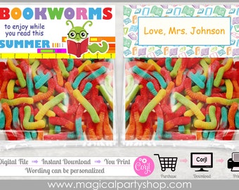Bookworm Candy Toppers | School Treat Bags | Back to School Treats | School Party Favor Tags | Reading Bag Topper | Instant Download