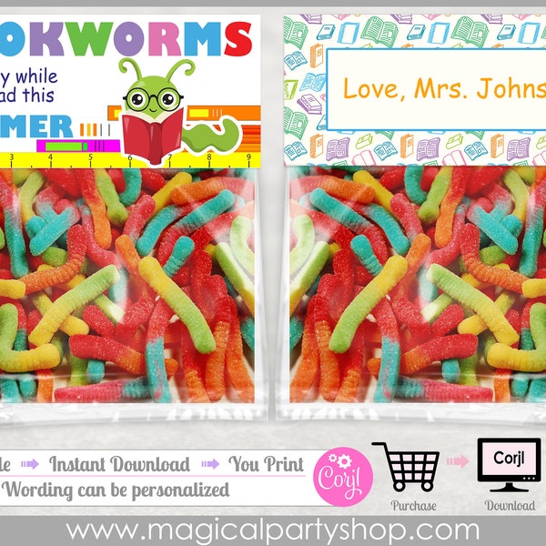 Bookworm Candy Toppers / School Treat Bags / Back to School Treats / School Party Favor Tags / Reading Bag Topper / Descarga instantánea