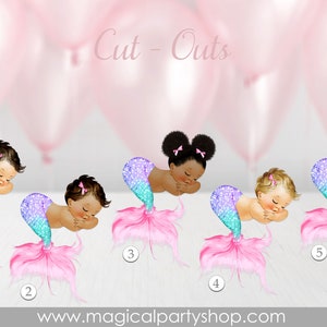May include: Five printable cut-outs of baby mermaids with pink tails and turquoise, purple, and pink glitter scales. The mermaids are sleeping with their heads resting on their tails. The cut-outs are numbered 1 through 5.