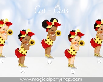 Baby Shower Centerpiece Sunflower | Yellow and Red | Vintage Baby Girl African American | Standing | Gold Sneakers
