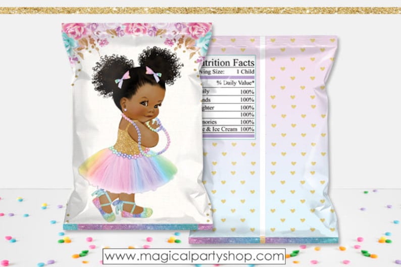 Magical Rainbow Gold Glitter Baby Girl African American Puffs Princess Printable Chip Bags Digital Instant Download