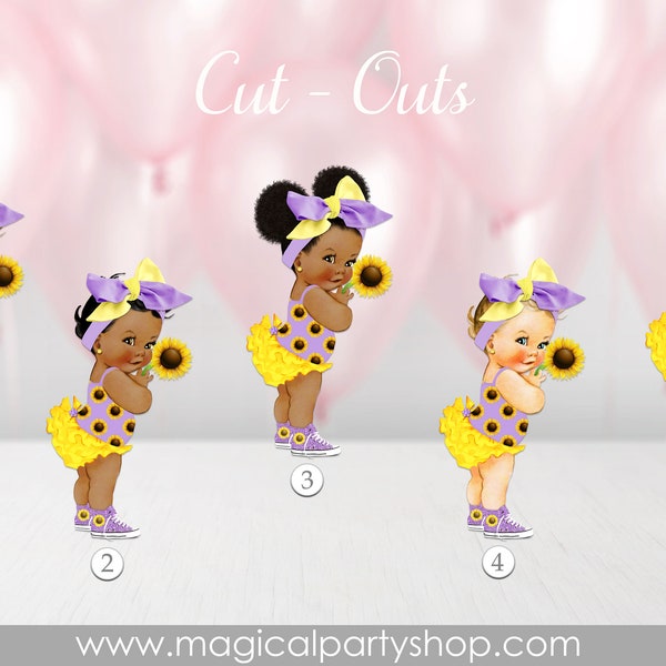 Baby Shower Centerpiece Sunflower Princess Ruffle Pants Yellow Purple Sunflower | Vintage Baby Girl African American | Standing