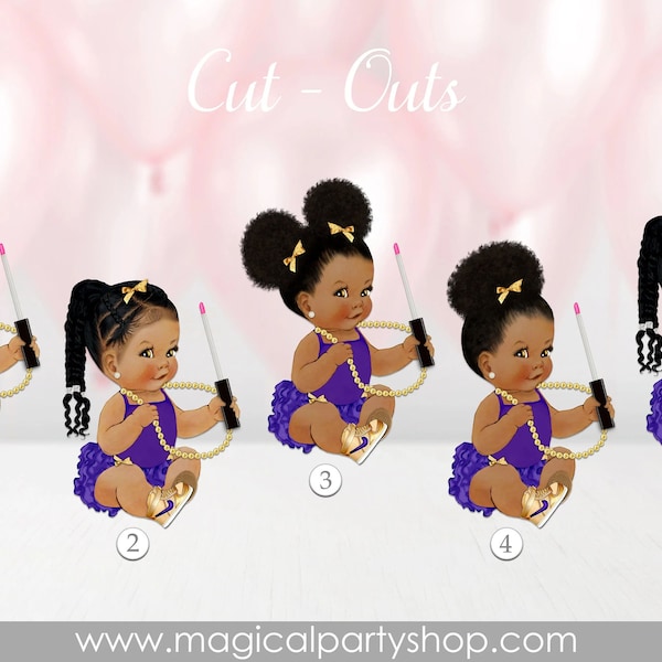 Baby Shower Centerpiece Princess Purple Ruffles Gold Bows | Vintage Baby Girl African American | Gold Sneakers | Makeup | Lipgloss