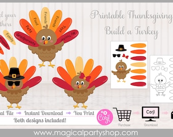 May include: Printable Thanksgiving Build a Turkey activity with two turkeys, one with a hat and sunglasses and the other with a bow. The turkeys have feathers that can be labeled with words like "Friends", "Food", "Pets", "Family", "My Teacher", and "Grandparents".