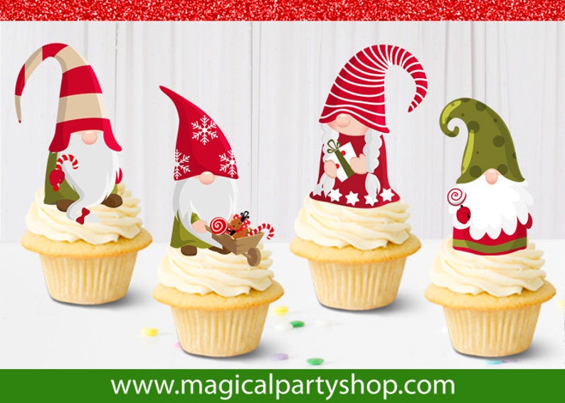 Gnome Cupcake Toppers Elf Cake Toppers Christmas Santa Hat Etsy