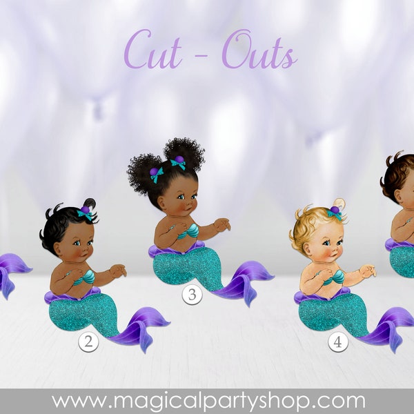 Baby Shower Centerpiece Mermaid Princess With Shell | Vintage Baby Girl African American | Turquoise and Purple