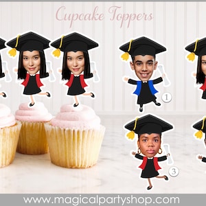 May include: Four graduation cupcake toppers with different people's faces on them. Each topper has a black graduation cap, a black gown, and a diploma. The toppers are numbered 1 through 4.