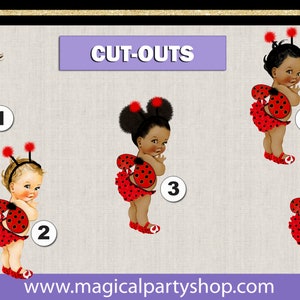 PRE CUT Red Black Ladybug Wings Dark and Medium Skin Baby Girl Centerpiece with Wood Stand OR Card Stock Cut Out Baby Centerpiece Birthday