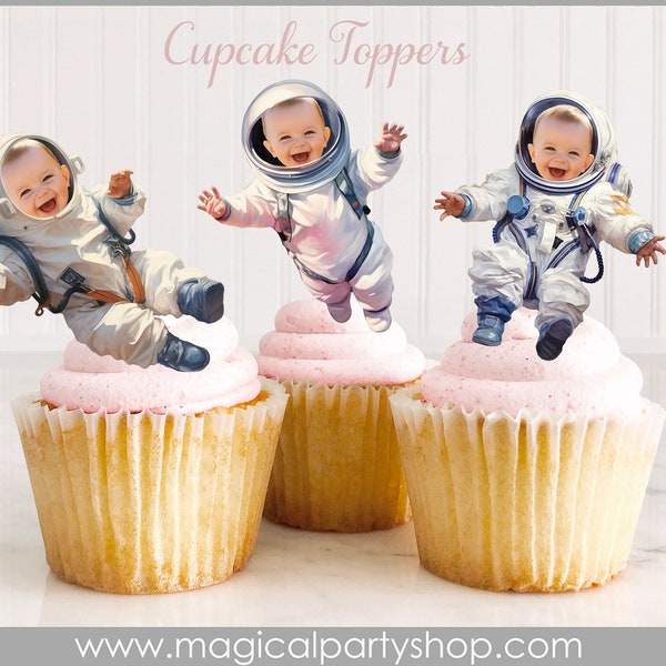 Space Moon Cupcake Toppers | Astronaut Photo Cupcake Topper | Photo Face Cupcake Topper | Boy Girl Galaxy Party | Galaxy of Stars Cupcake