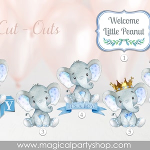 Elephant Baby Shower Centerpiece Elephant Party Decor Elephant Cupcake Toppers Boy Baby Shower Silver Crown Gold Crown Its a Boy image 1