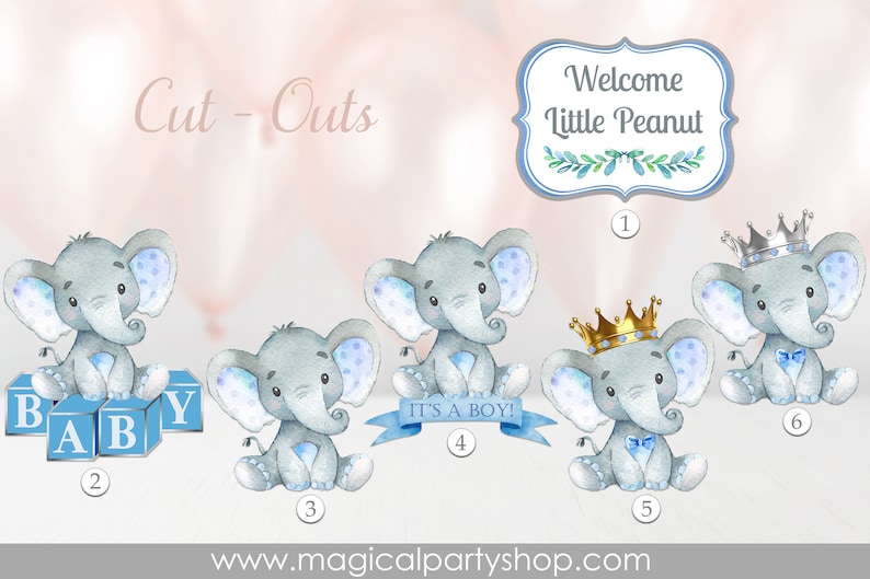 Elephant Baby Shower Centerpiece Elephant Party Decor Elephant Cupcake Toppers Boy Baby Shower Silver Crown Gold Crown Its a Boy image 1