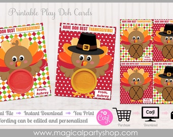 Printable Thanksgiving Play Dough Cards | Playdoh Favors | Thanksgiving Party Favors | Thanksgiving | Thanksgiving Party | Playdough Turkey