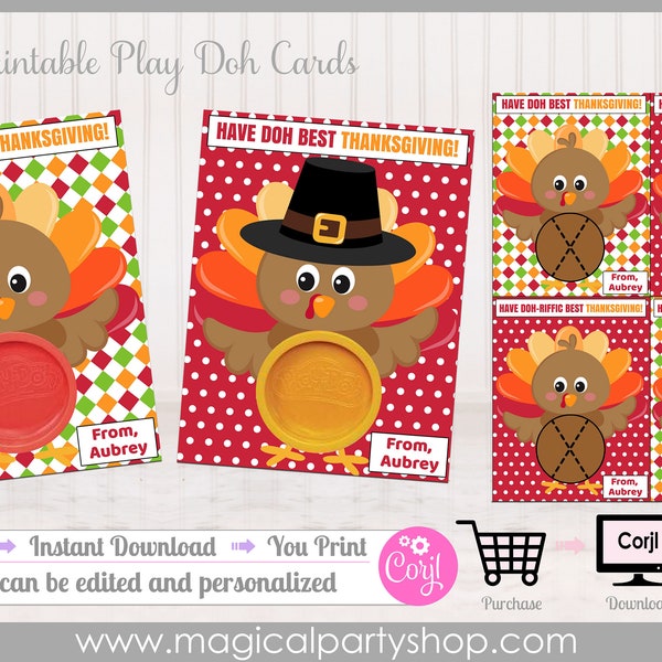 Printable Thanksgiving Play Dough Cards | Playdoh Favors | Thanksgiving Party Favors | Thanksgiving | Thanksgiving Party | Playdough Turkey