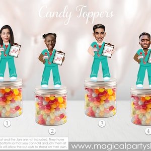 May include: Candy toppers featuring cartoon figures of medical professionals standing on jars filled with colorful jelly beans. Each figure holds a clipboard with a chart. The text "Candy Toppers" is at the top.