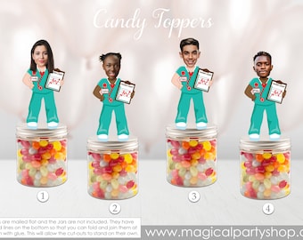 May include: Candy toppers featuring cartoon figures of medical professionals standing on jars filled with colorful jelly beans. Each figure holds a clipboard with a chart. The text "Candy Toppers" is at the top.