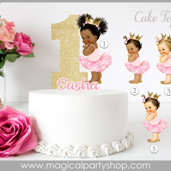 Princess Ballerina Cake Topper Pink Gold Shoes & Crown Tutu | Vintage Baby Girl African American | Baby Shower