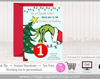 May include: A digital invitation for a 1st birthday party featuring the Grinch holding a red Christmas ornament with the number 1 on it. The invitation has a blue background with a green Christmas tree decorated with lights. The text on the invitation reads "He's a Sweet One! Please join us for Michael's 1st Birthday".
