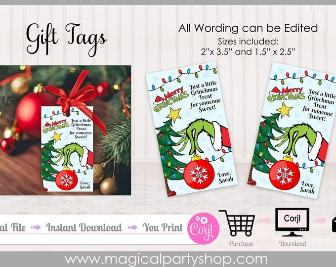 Candy Cane Grinch Inspired Christmas Gift Tags | Printable PDF - Etsy ...