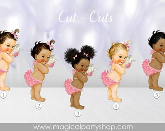 Baby Shower Centerpiece | Vintage Baby Girl Seashell Cupcake Toppers | Pink and Gold | Vintage Baby Girl African American | Baby Shower
