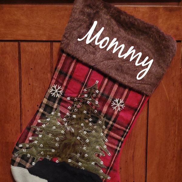 Personalized Christmas Stocking, Christmas Stocking, Plaid Stocking, Red Plaid with Fur Stocking, Moose Stocking, Bear Stocking