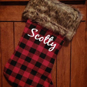 Personalized Christmas Stocking, Christmas Stocking, Plaid Stocking, Red Plaid with Fur Stocking