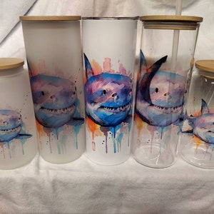 Shark Watercolor 20 ounce stainless steel tumblers, 25 & 16 ounce glass  frosted  and clear with bamboo lid gift
