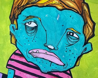 Ritratto originale a tecnica mista – Dipinto surrealista ad inchiostro e acquerello, 28x35 cm, opera d'arte pop art da parete.