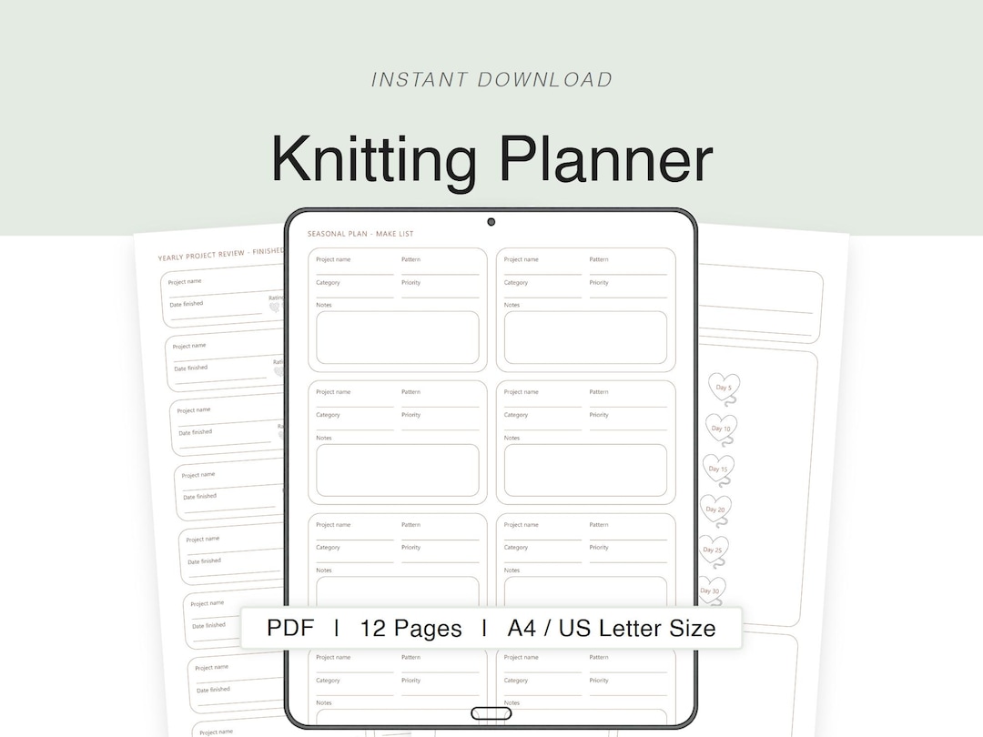 Printable Knitting Planner | Yearly Seasonal Monthly Pages | Wish &amp; Queue List | A4 Letter PDF ...