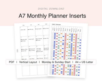 Vertical A7 Monthly Planner Inserts | Printable A7 Binder Pages | Monthly Calendar, Habit Tracker | A4 Letter PDF