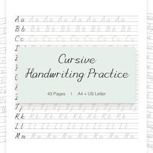 Può includere: Un set di fogli per esercitarsi nella scrittura corsiva con righe di lettere maiuscole e minuscole in inchiostro nero su carta bianca. Un riquadro verde chiaro mostra il testo Cursive Handwriting Practice, 43 Pages e A4 + US Letter.