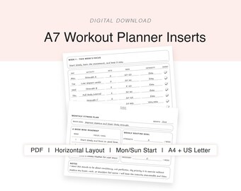 Horizontal A7 Workout Planner Inserts | Printable A7 Binder Pages | Fitness Planner, Workout Tracker | A4 Letter PDF